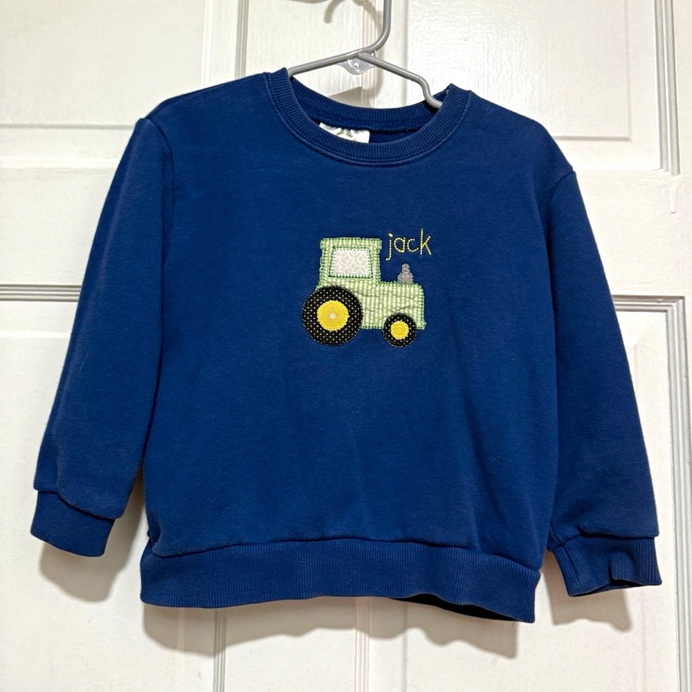 3T "Jack" Monogrammed Appliqué Tractor Navy Blue Pullover Sweatshirt Long Sleeve